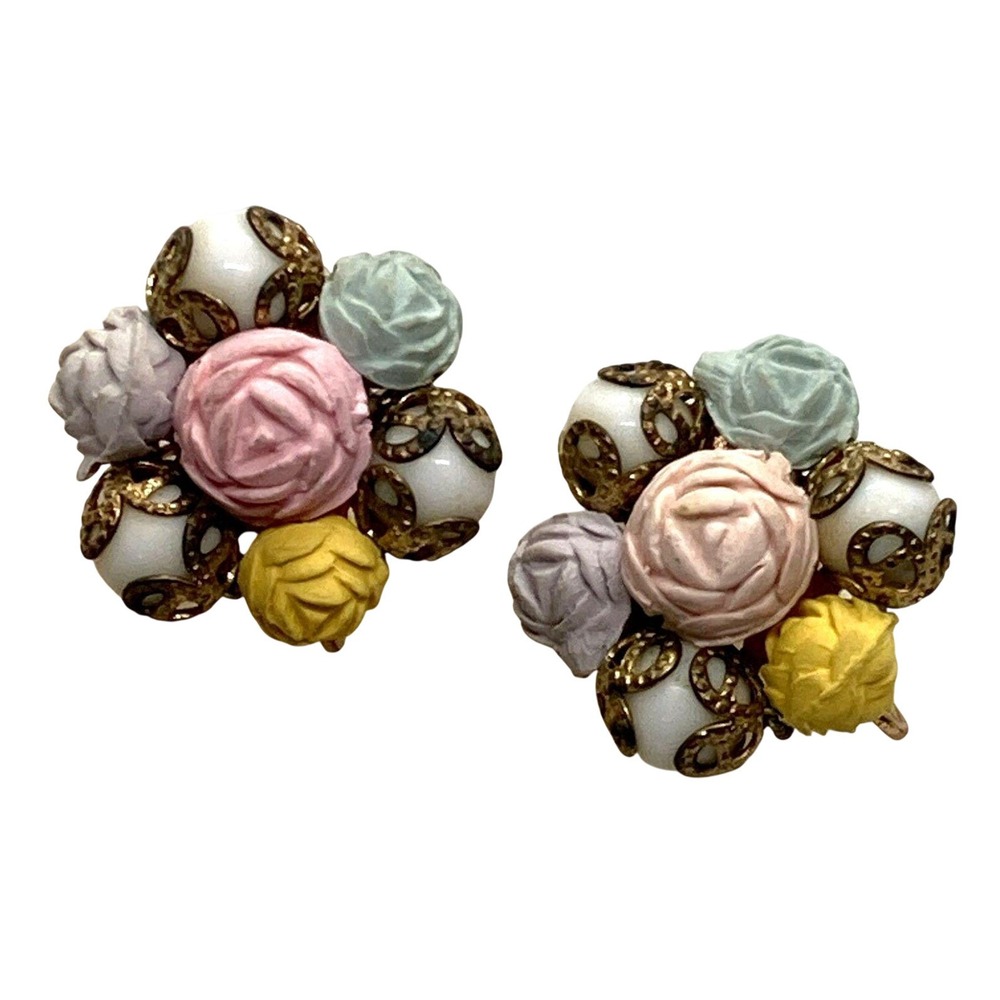 Vintage‎ Gold Tone Pastel Peony Flower Bud Screw Back Earrings Spring Floral